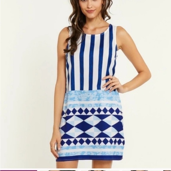 Lulu’s Ivory and Blue Multi-Task Queen Mini Shift Dress Size Small - Picture 1 of 14